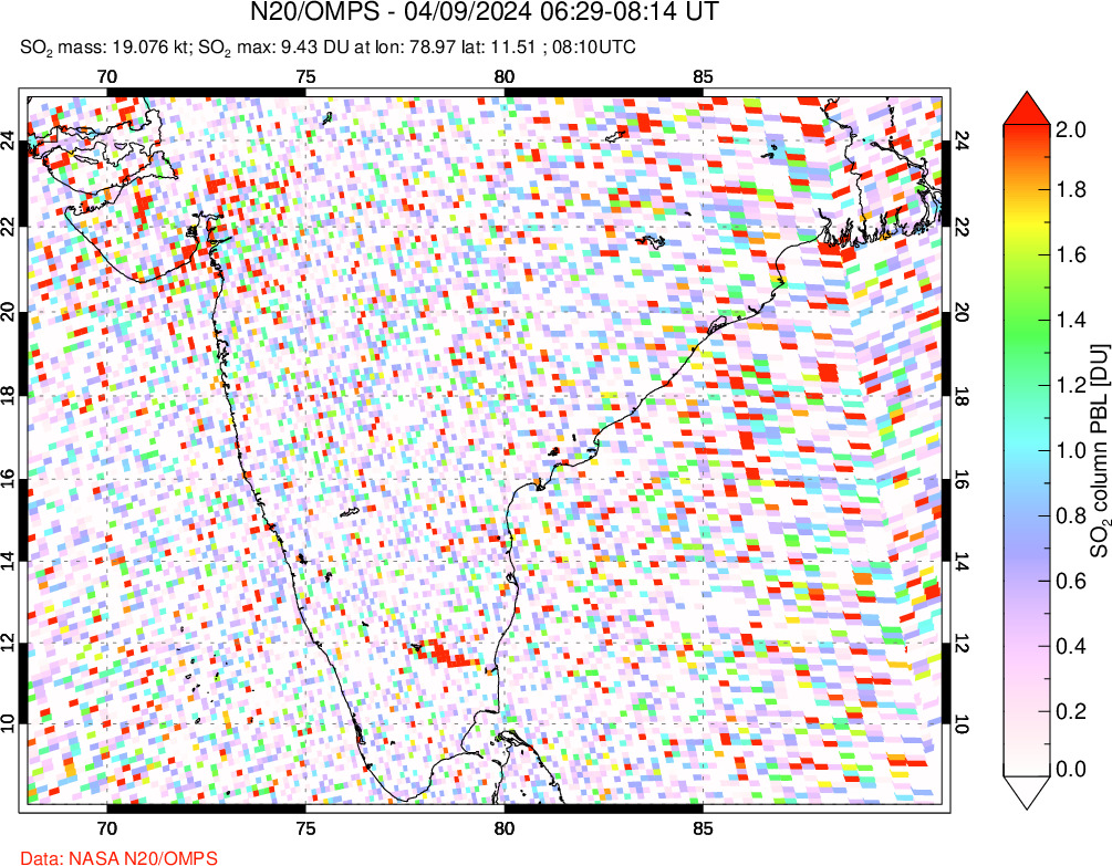 A sulfur dioxide image over India on Apr 09, 2024.