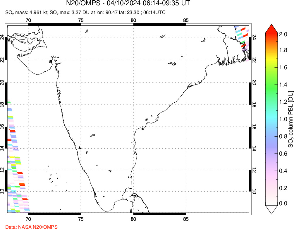 A sulfur dioxide image over India on Apr 10, 2024.