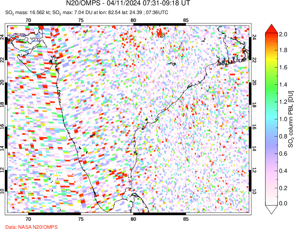 A sulfur dioxide image over India on Apr 11, 2024.