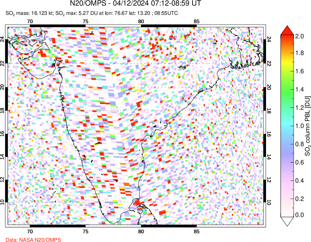 A sulfur dioxide image over India on Apr 12, 2024.