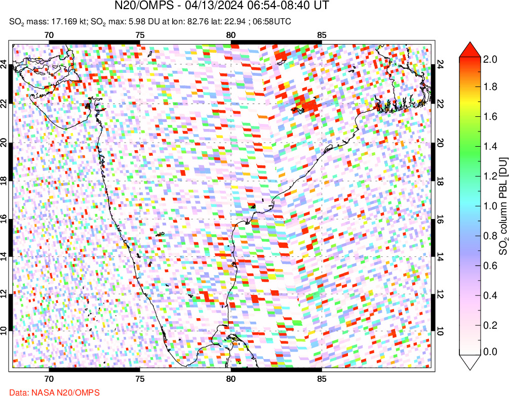 A sulfur dioxide image over India on Apr 13, 2024.