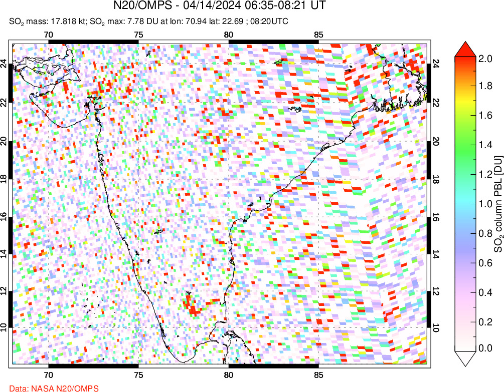 A sulfur dioxide image over India on Apr 14, 2024.