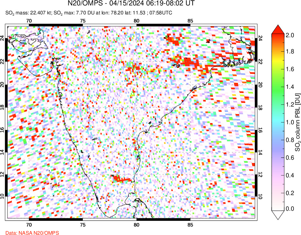 A sulfur dioxide image over India on Apr 15, 2024.