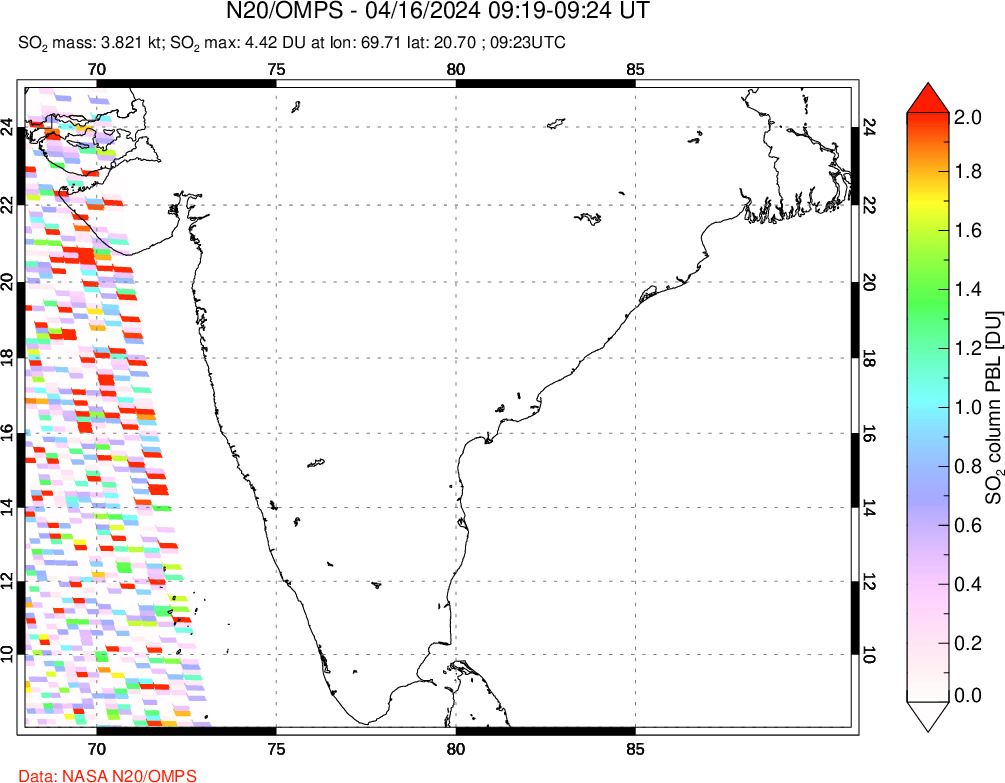 A sulfur dioxide image over India on Apr 16, 2024.