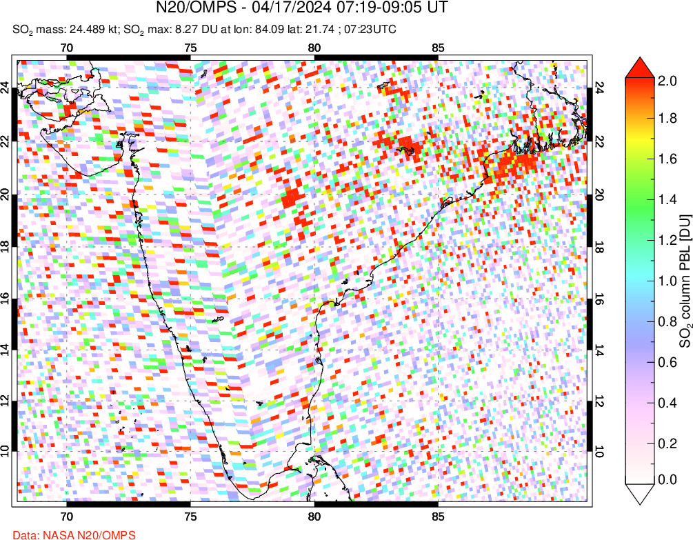 A sulfur dioxide image over India on Apr 17, 2024.