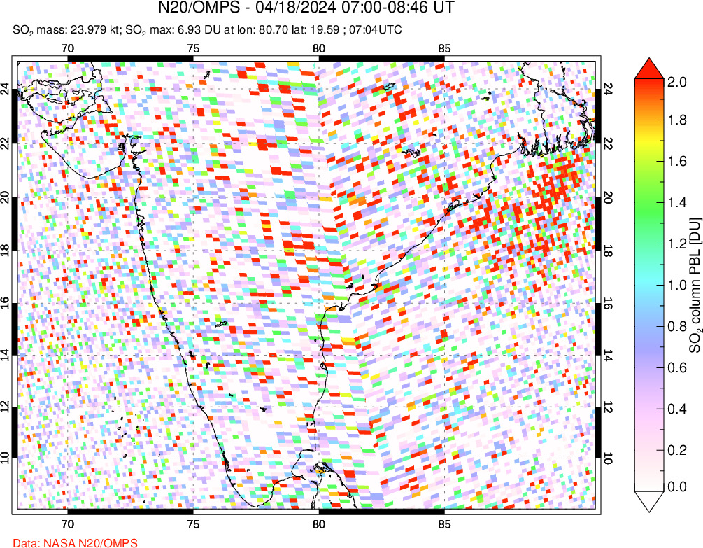 A sulfur dioxide image over India on Apr 18, 2024.