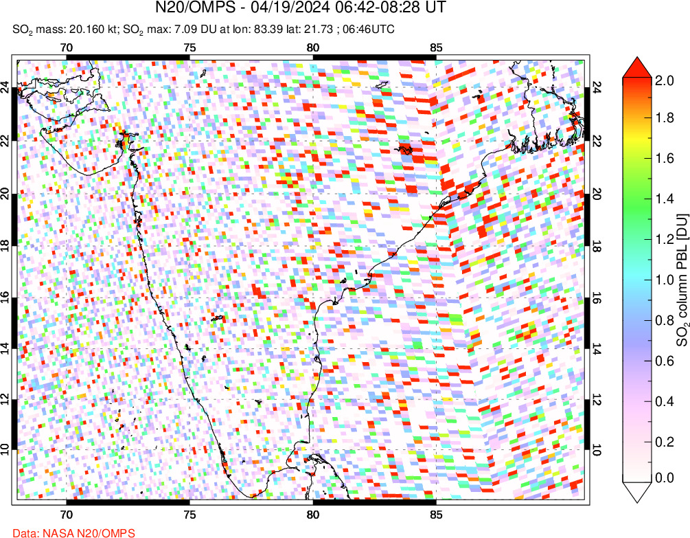 A sulfur dioxide image over India on Apr 19, 2024.