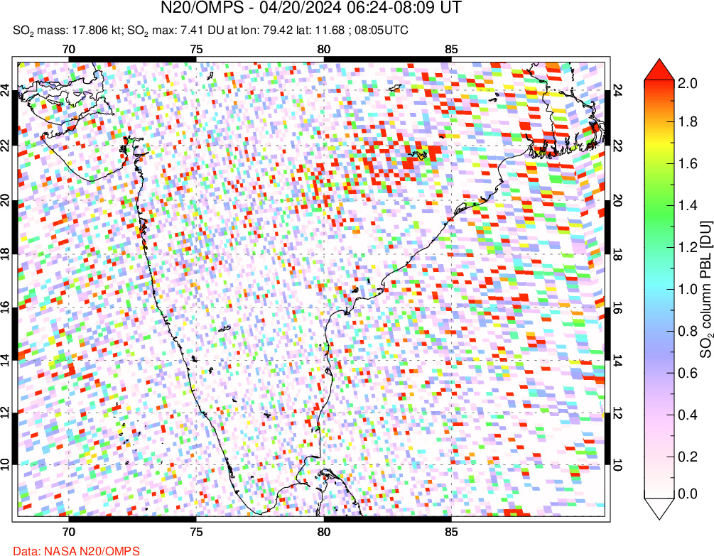 A sulfur dioxide image over India on Apr 20, 2024.