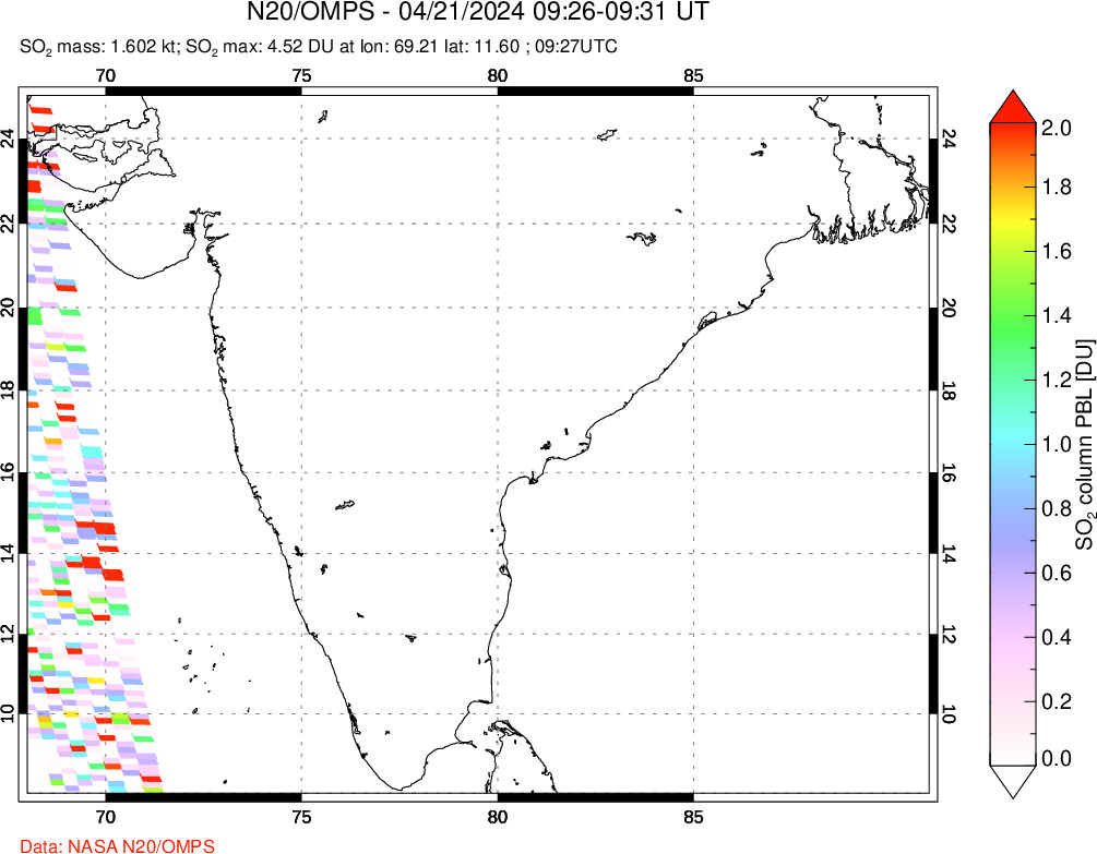 A sulfur dioxide image over India on Apr 21, 2024.