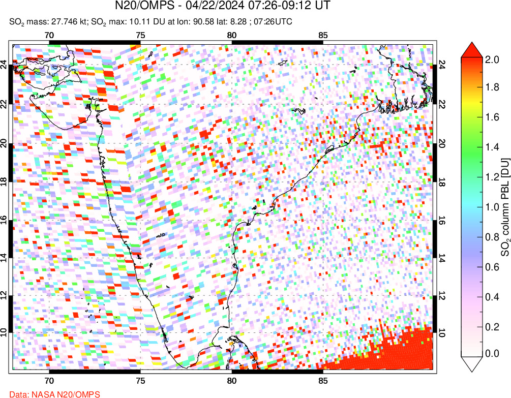 A sulfur dioxide image over India on Apr 22, 2024.