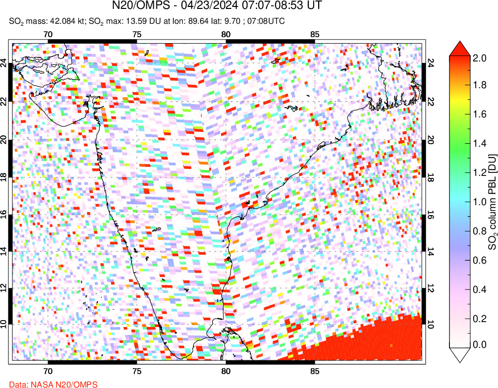 A sulfur dioxide image over India on Apr 23, 2024.