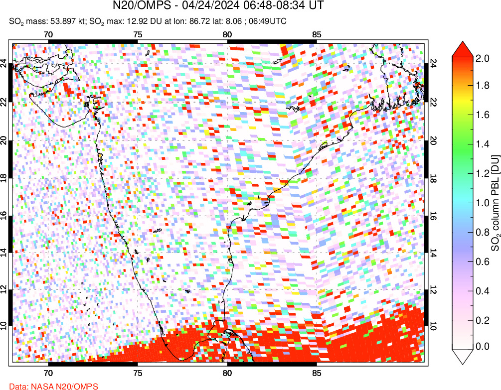 A sulfur dioxide image over India on Apr 24, 2024.