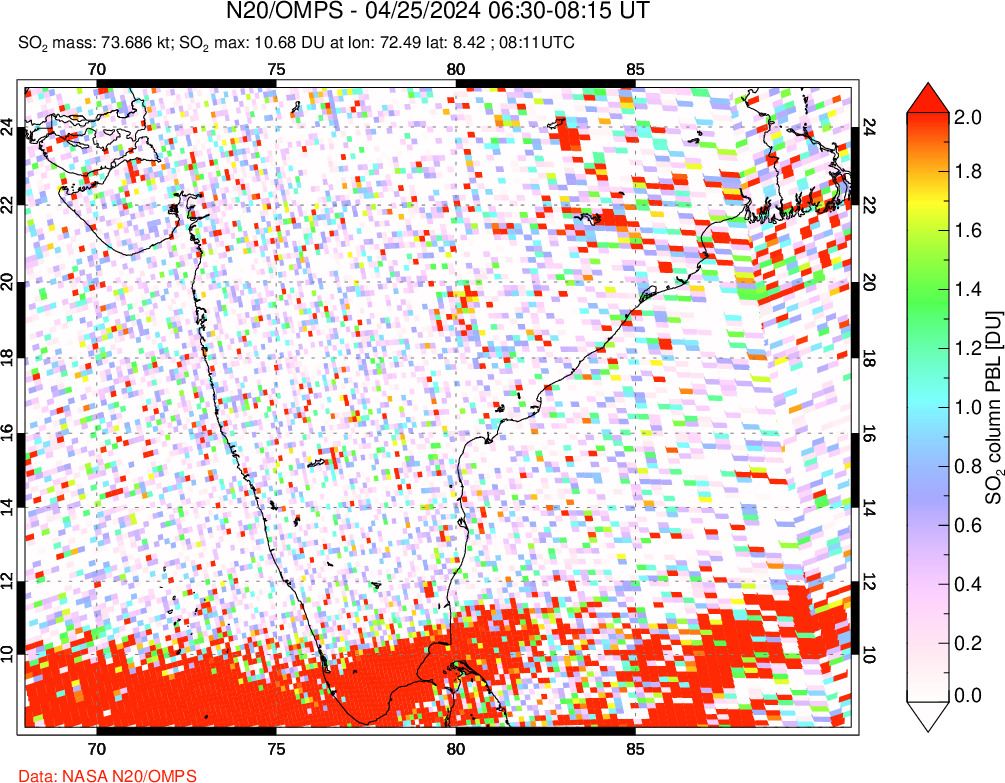 A sulfur dioxide image over India on Apr 25, 2024.