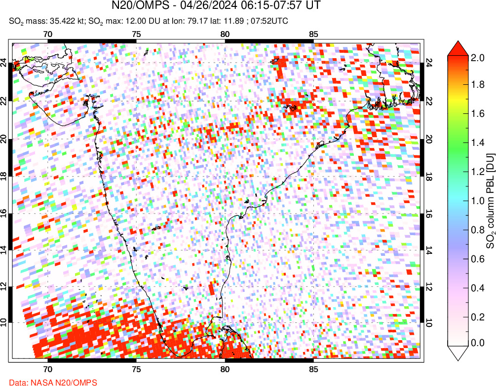 A sulfur dioxide image over India on Apr 26, 2024.