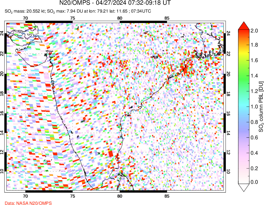 A sulfur dioxide image over India on Apr 27, 2024.