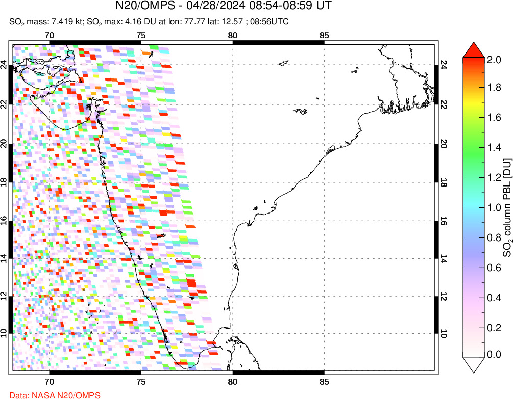 A sulfur dioxide image over India on Apr 28, 2024.