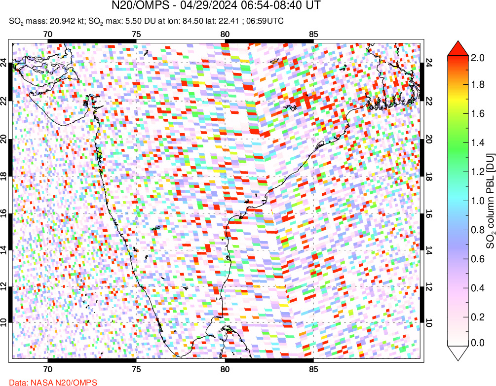 A sulfur dioxide image over India on Apr 29, 2024.