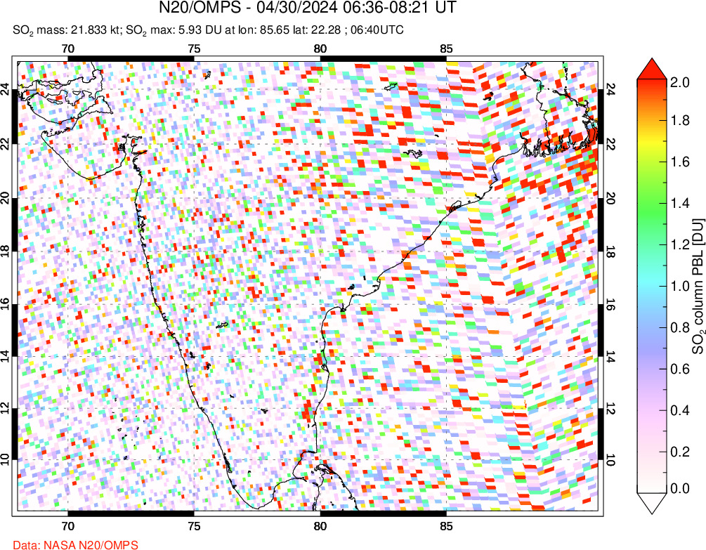 A sulfur dioxide image over India on Apr 30, 2024.