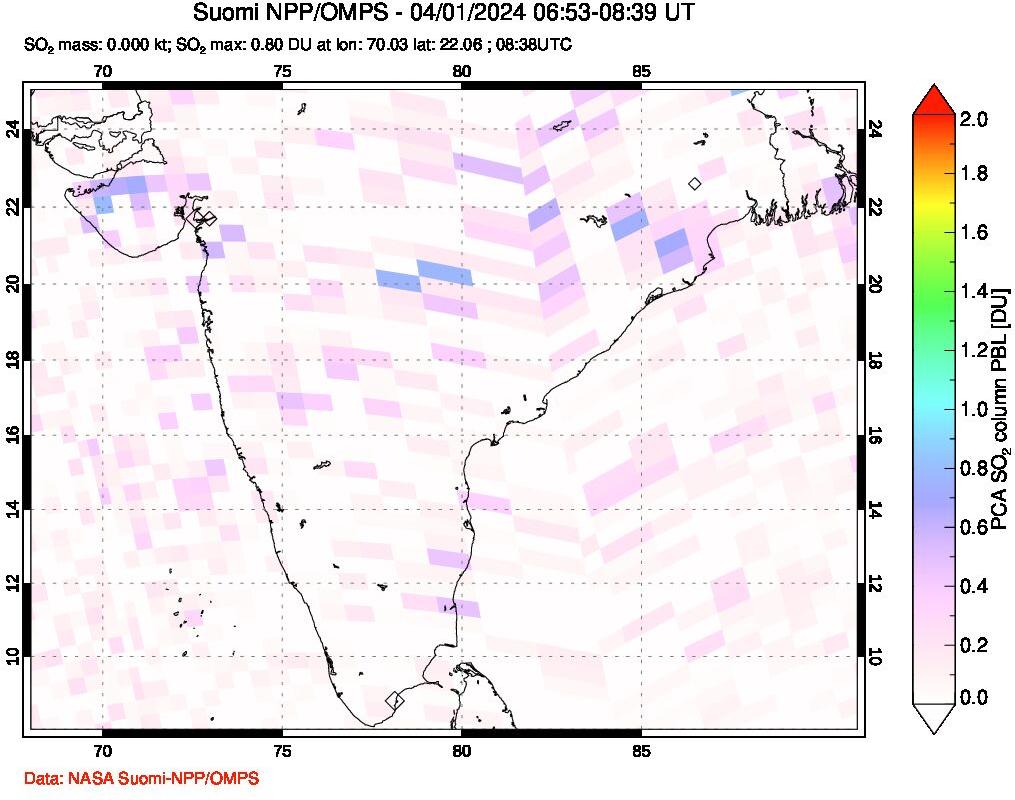 A sulfur dioxide image over India on Apr 01, 2024.