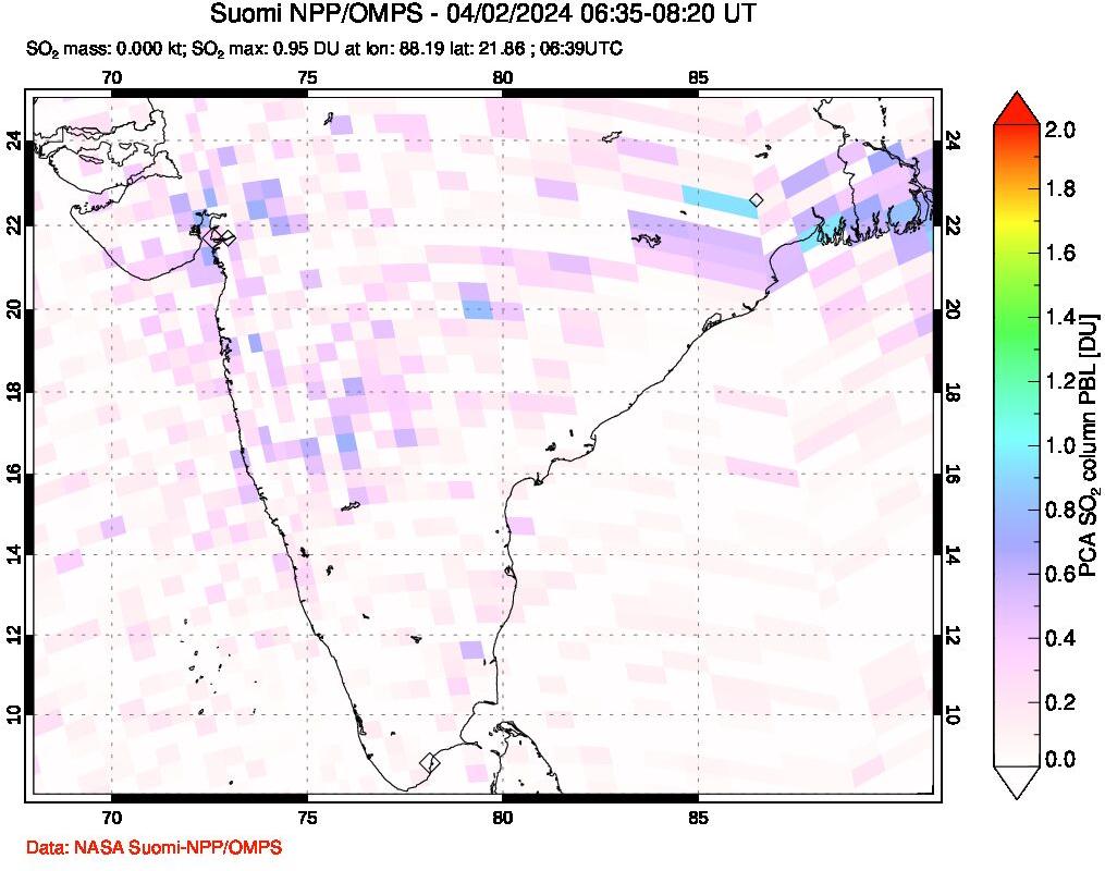 A sulfur dioxide image over India on Apr 02, 2024.