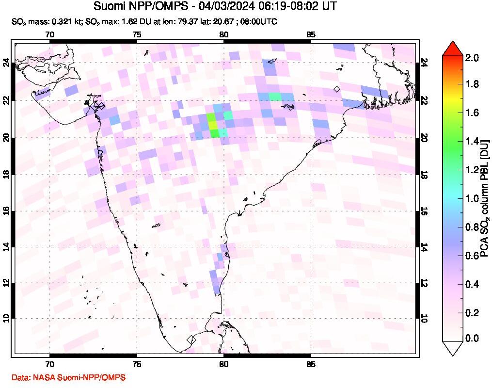 A sulfur dioxide image over India on Apr 03, 2024.