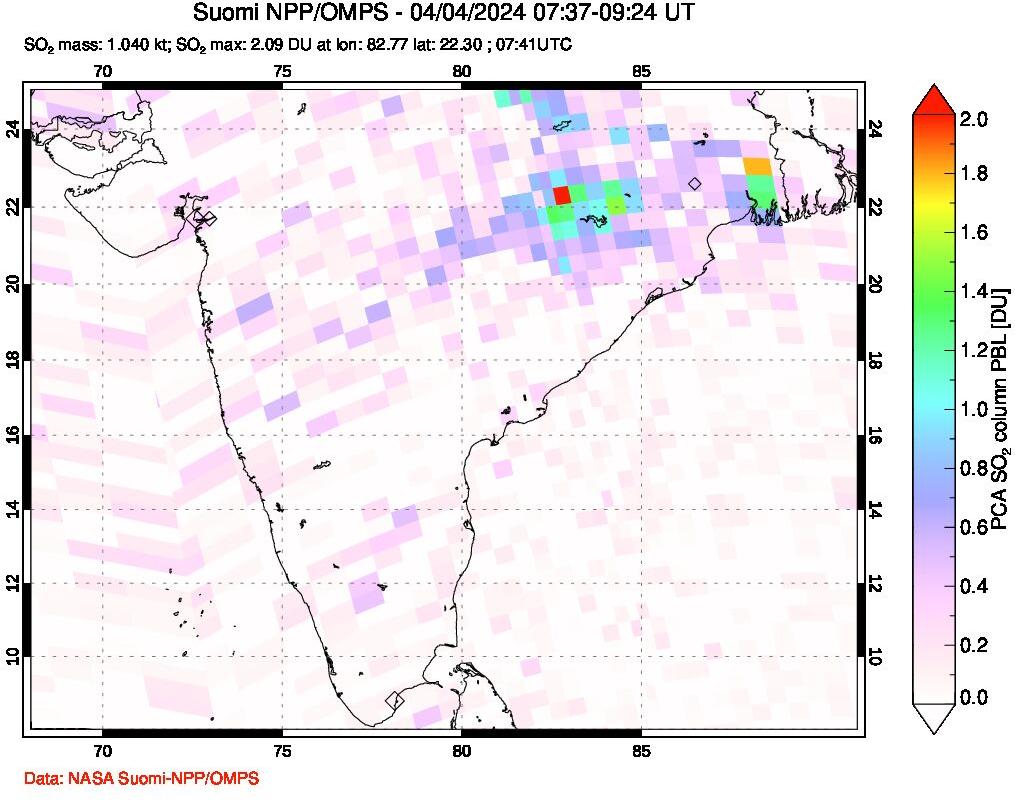 A sulfur dioxide image over India on Apr 04, 2024.