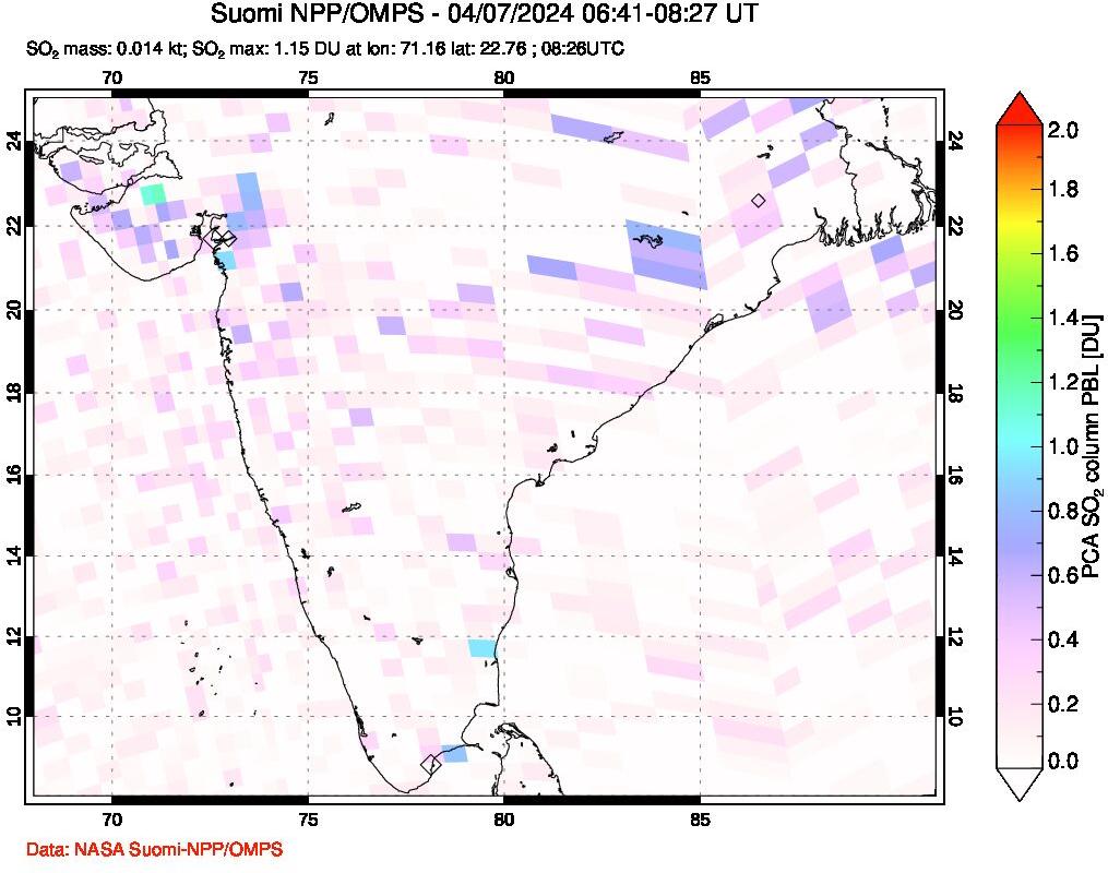 A sulfur dioxide image over India on Apr 07, 2024.