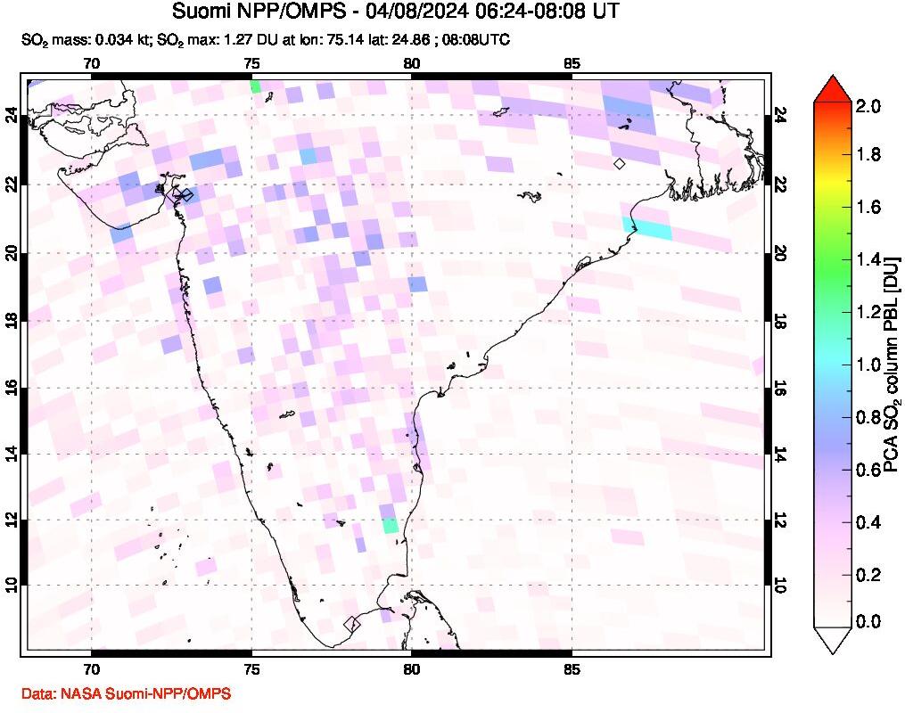 A sulfur dioxide image over India on Apr 08, 2024.