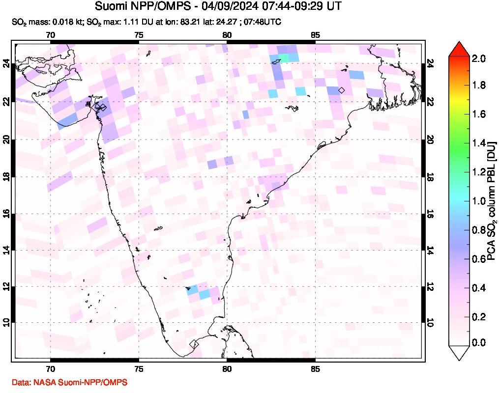 A sulfur dioxide image over India on Apr 09, 2024.