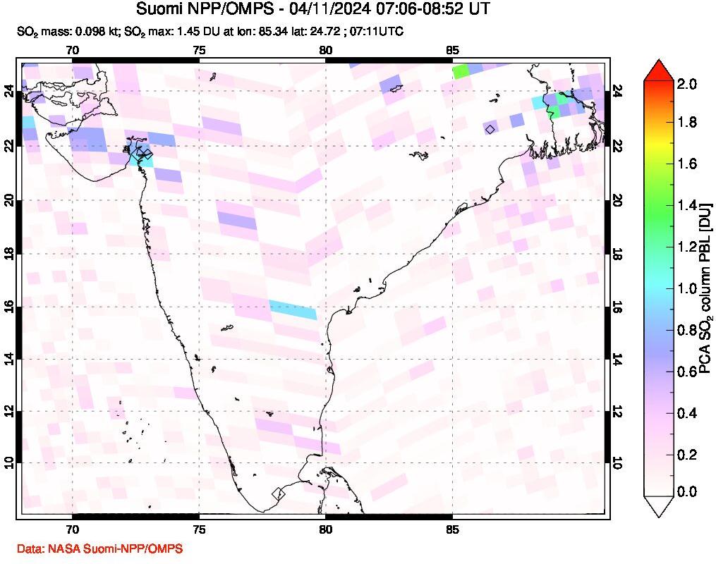 A sulfur dioxide image over India on Apr 11, 2024.