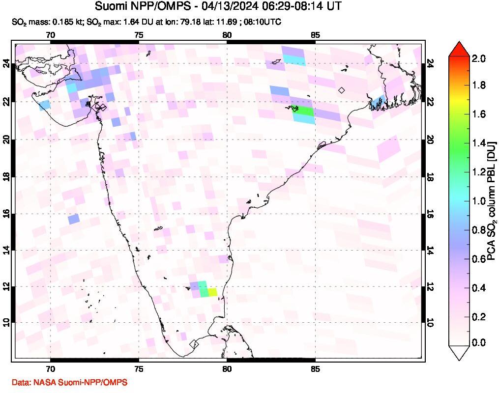 A sulfur dioxide image over India on Apr 13, 2024.