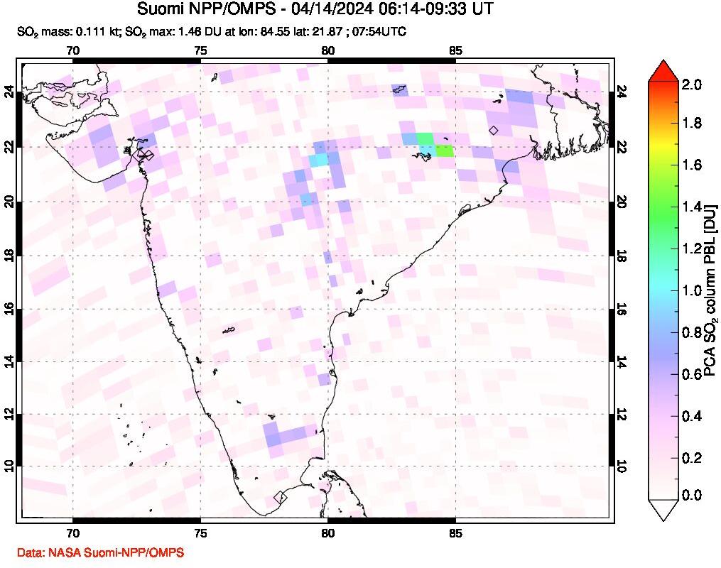 A sulfur dioxide image over India on Apr 14, 2024.