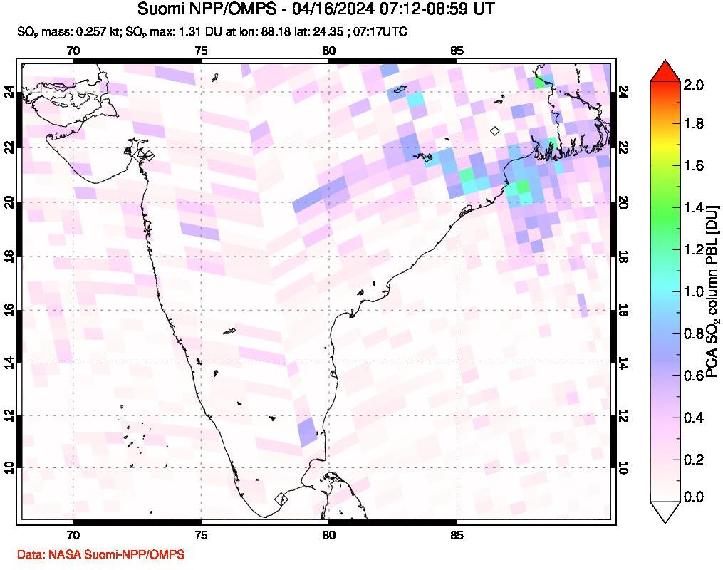 A sulfur dioxide image over India on Apr 16, 2024.