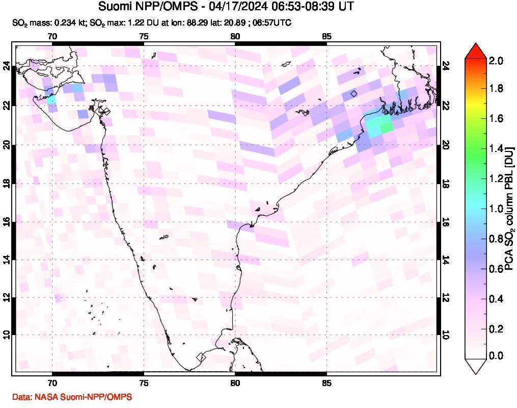 A sulfur dioxide image over India on Apr 17, 2024.