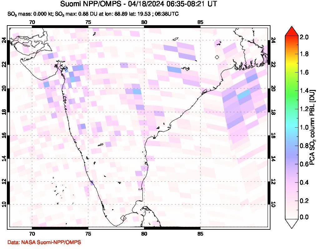 A sulfur dioxide image over India on Apr 18, 2024.