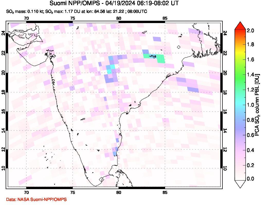 A sulfur dioxide image over India on Apr 19, 2024.