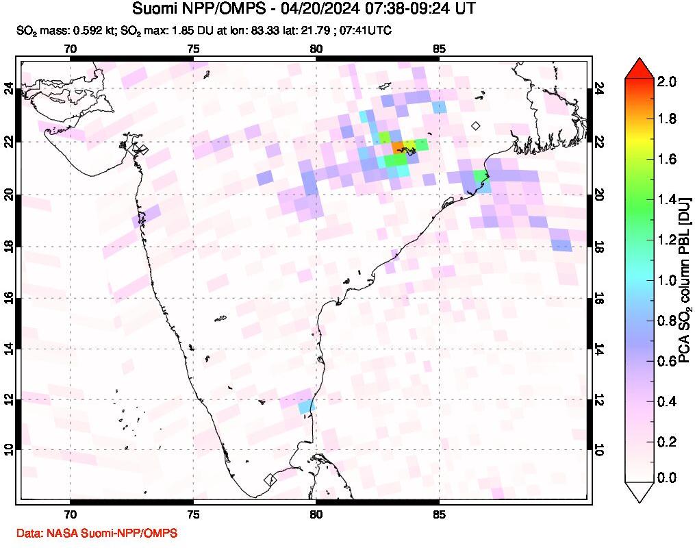 A sulfur dioxide image over India on Apr 20, 2024.