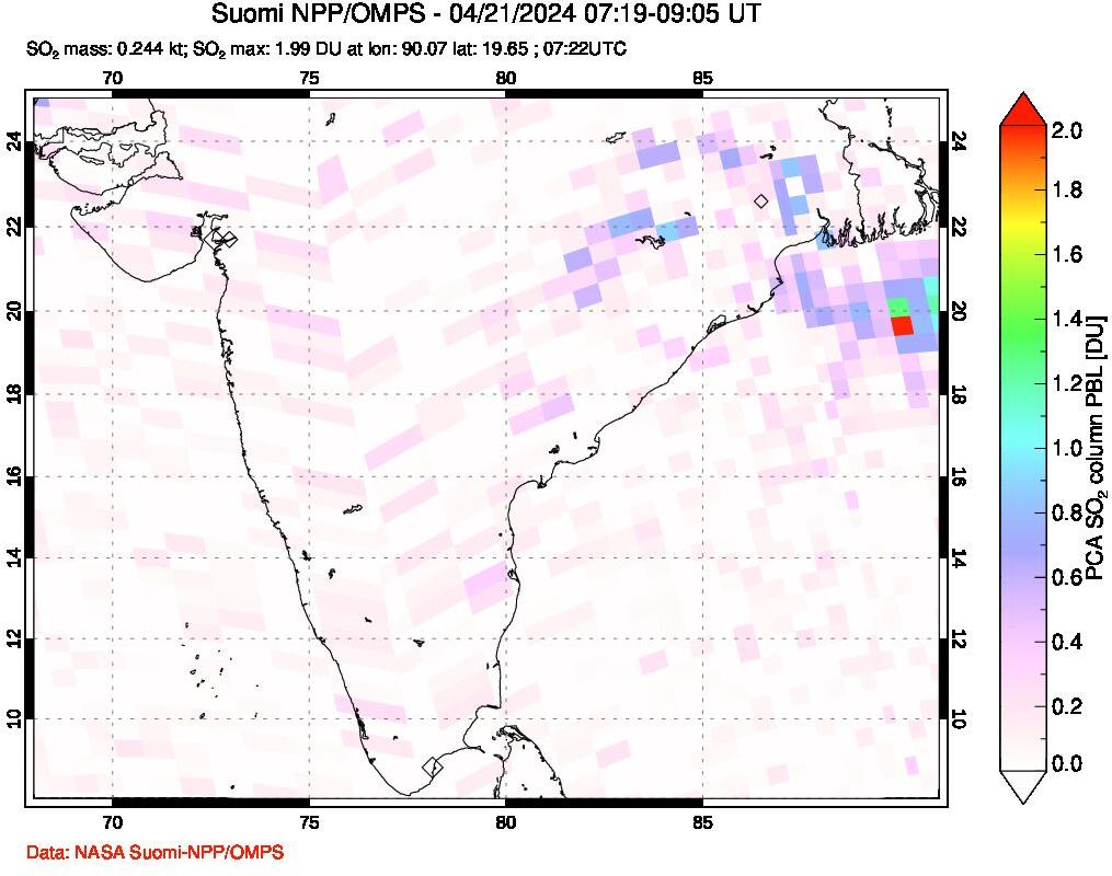 A sulfur dioxide image over India on Apr 21, 2024.