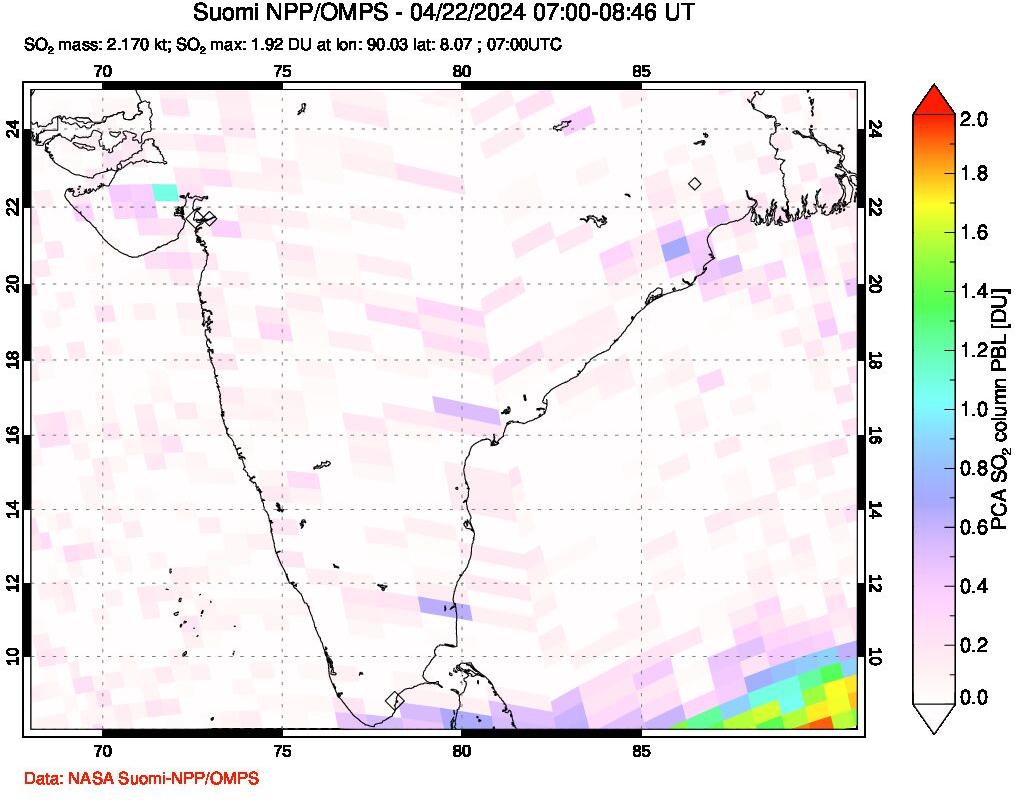 A sulfur dioxide image over India on Apr 22, 2024.