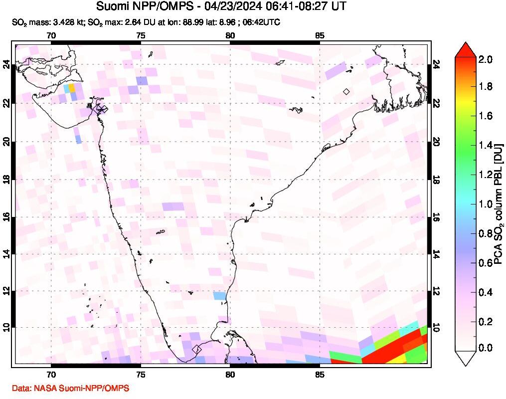 A sulfur dioxide image over India on Apr 23, 2024.