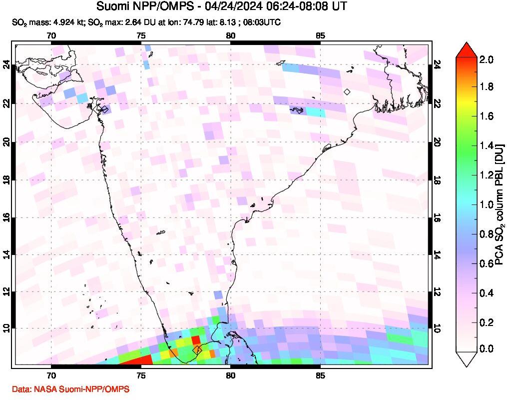 A sulfur dioxide image over India on Apr 24, 2024.