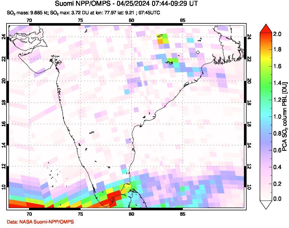 A sulfur dioxide image over India on Apr 25, 2024.