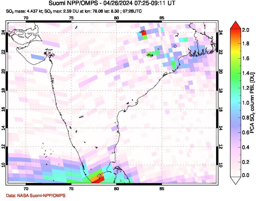 A sulfur dioxide image over India on Apr 26, 2024.