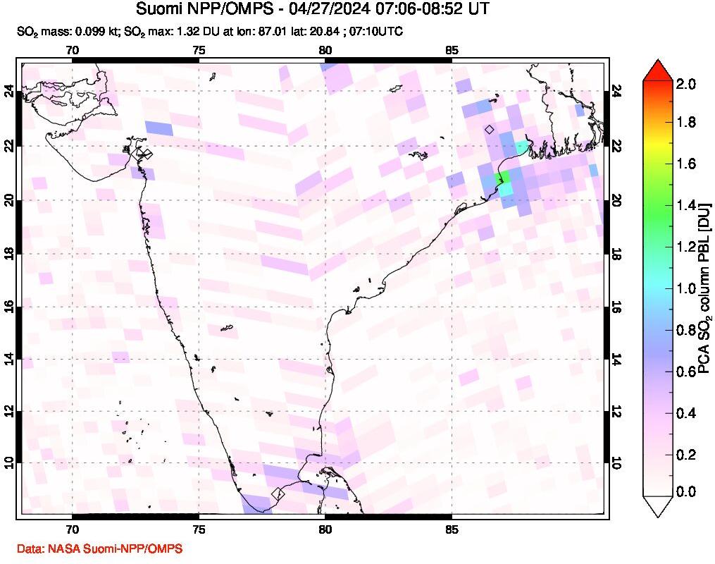 A sulfur dioxide image over India on Apr 27, 2024.