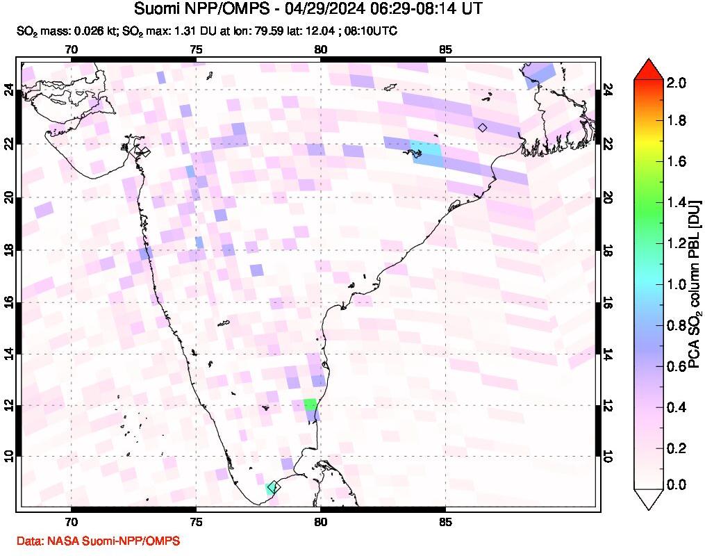 A sulfur dioxide image over India on Apr 29, 2024.