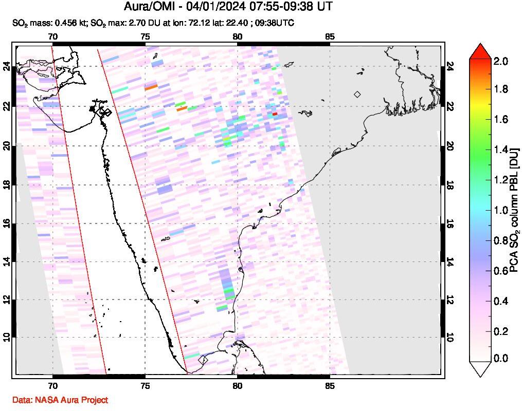 A sulfur dioxide image over India on Apr 01, 2024.