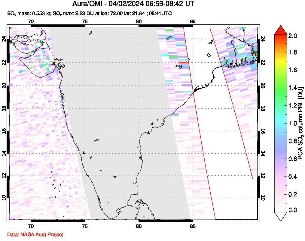 A sulfur dioxide image over India on Apr 02, 2024.