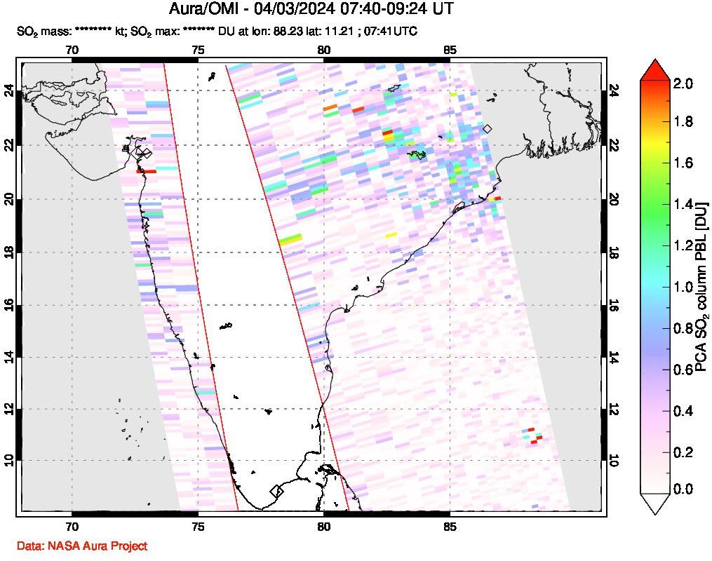 A sulfur dioxide image over India on Apr 03, 2024.