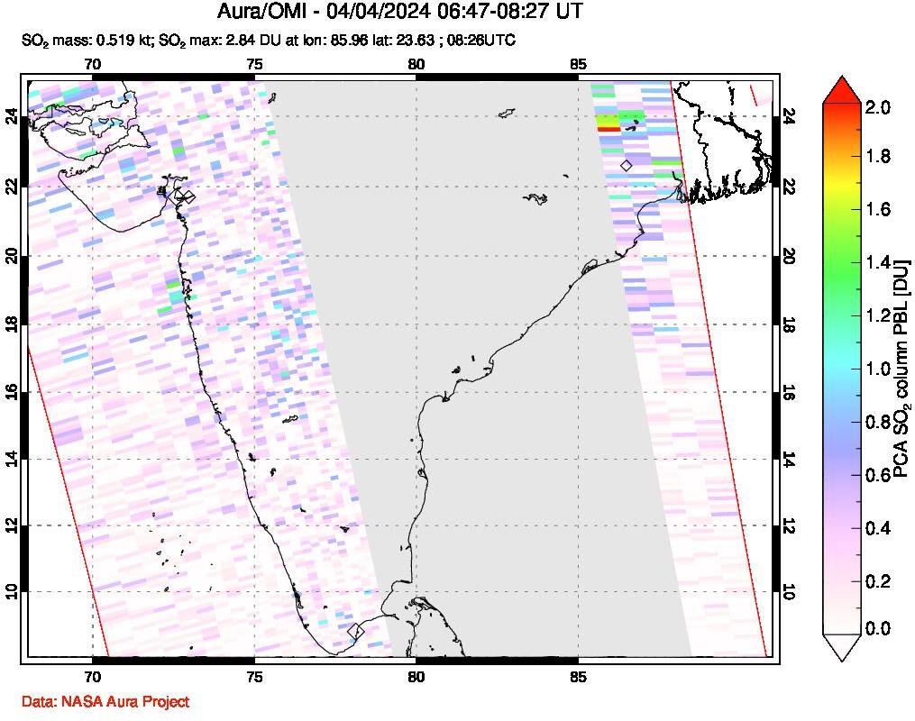 A sulfur dioxide image over India on Apr 04, 2024.