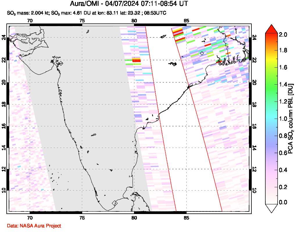 A sulfur dioxide image over India on Apr 07, 2024.